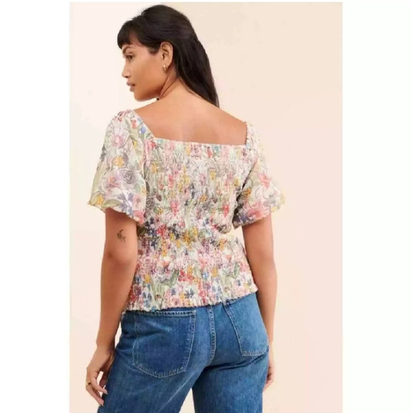 By Anthropologie Aurelia Floral Smocked Top Blouse with Puff Sleeves Large - Picture 2 of 16